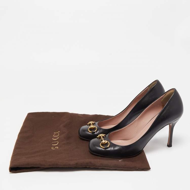 Pre Owned Gucci Black Leather Horsebit Square Toe Pumps Size 38