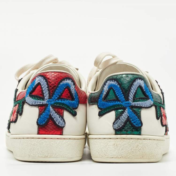 Pre Owned Gucci White Leather Floral Embroidered Ace Sneakers Size 39.5