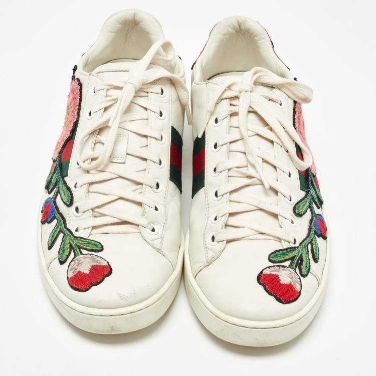 Pre Owned Gucci White Leather Floral Embroidered Ace Sneakers Size 39.5