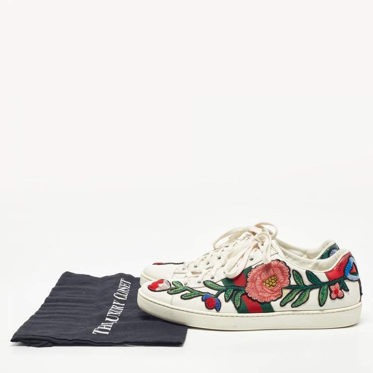 Pre Owned Gucci White Leather Floral Embroidered Ace Sneakers Size 39.5