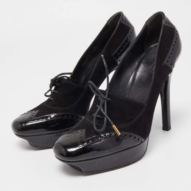 Pre Owned Gucci Black Suede and Patent Leather Lace Up Platform Pumps Size 38.5