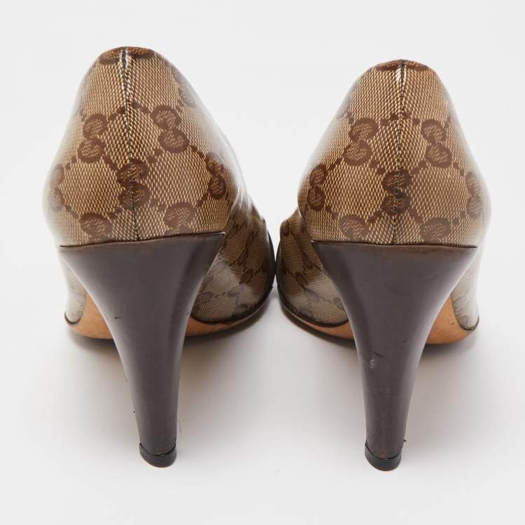 Pre Owned Gucci Brown/Beige GG Supreme Canvas and Leather Hysteria Pumps Size 39