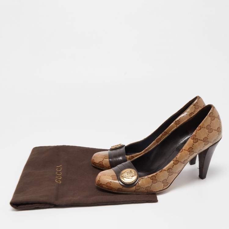 Pre Owned Gucci Brown/Beige GG Supreme Canvas and Leather Hysteria Pumps Size 39
