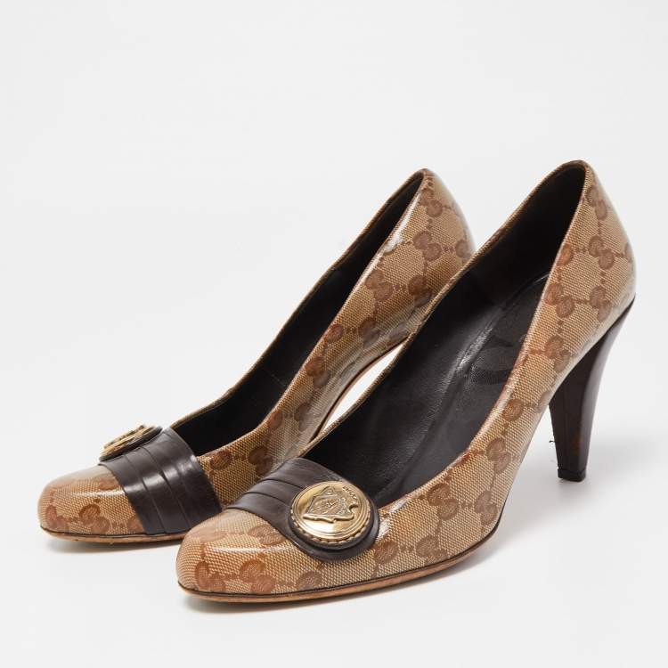 Pre Owned Gucci Brown/Beige GG Supreme Canvas and Leather Hysteria Pumps Size 39
