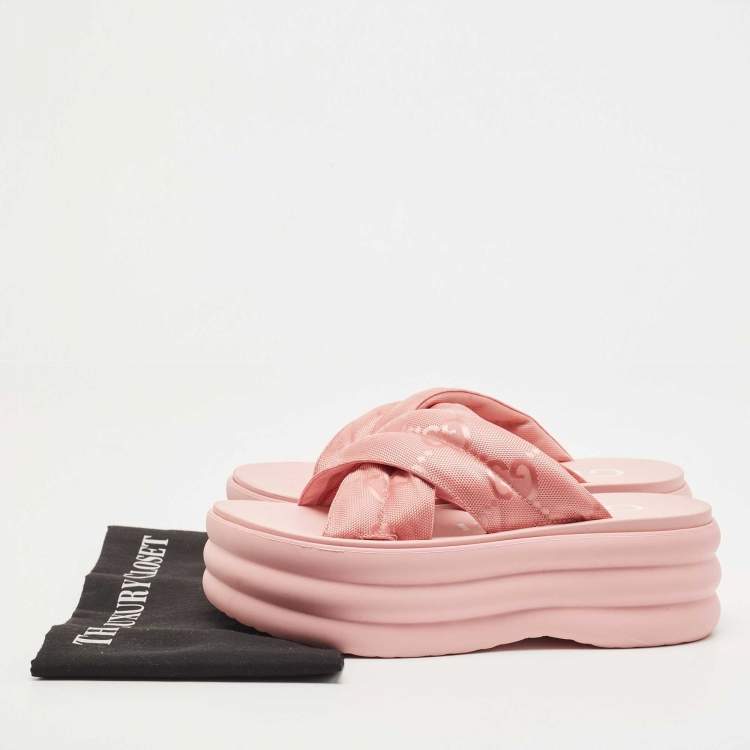 Pre Owned Gucci Pink GG Fabric Platform Slides Size 38