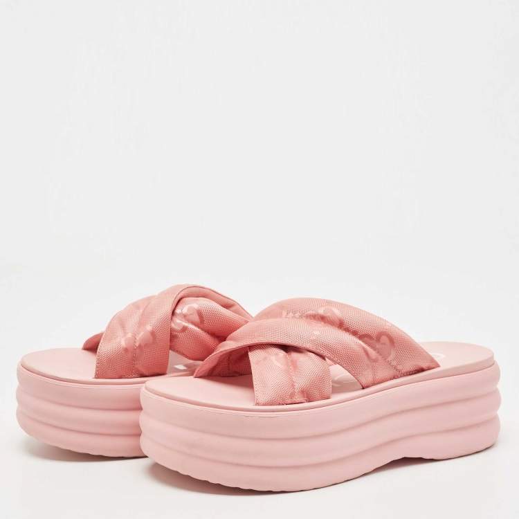 Pre Owned Gucci Pink GG Fabric Platform Slides Size 38