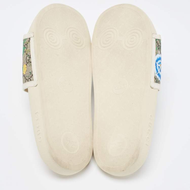 Pre Owned Gucci Cream/Brown GG Supreme Canvas Blooms Flat Slides Size 37