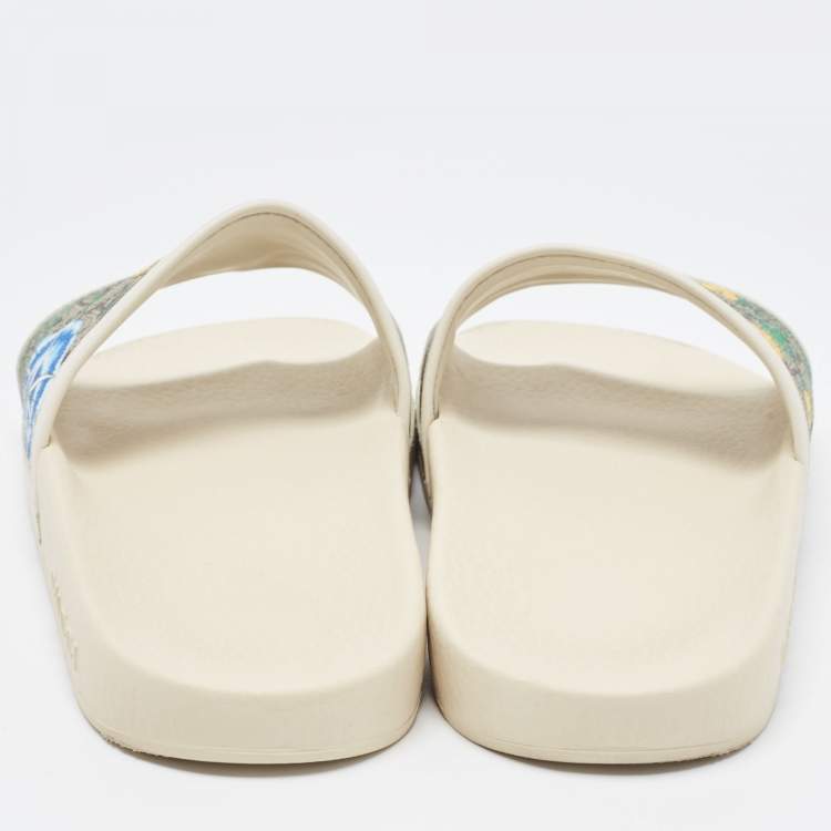 Pre Owned Gucci Cream/Brown GG Supreme Canvas Blooms Flat Slides Size 37