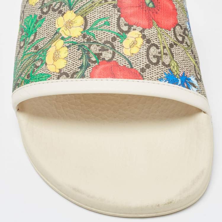 Pre Owned Gucci Cream/Brown GG Supreme Canvas Blooms Flat Slides Size 37