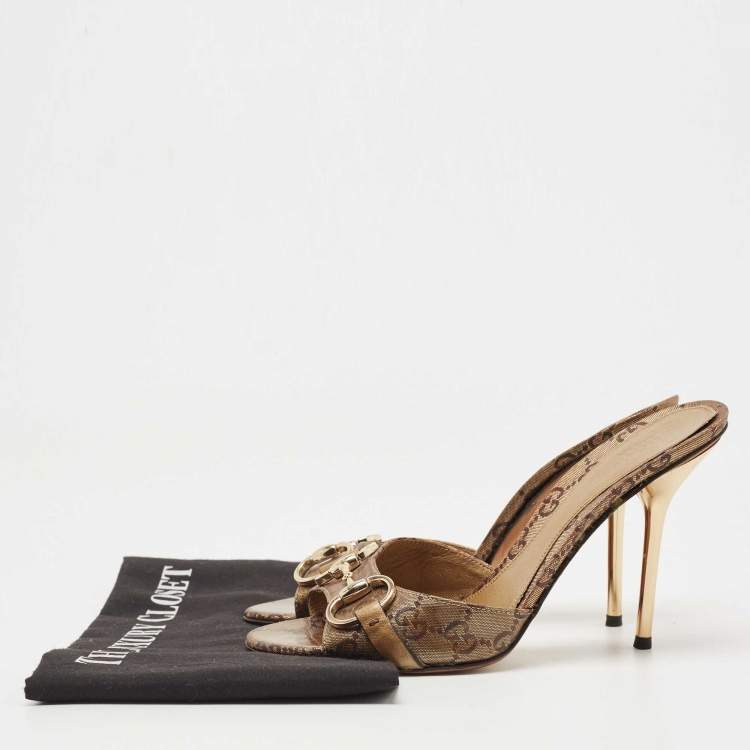 Pre Owned Gucci Metallic Bronze GG Canvas Horsebit Slides Size 37