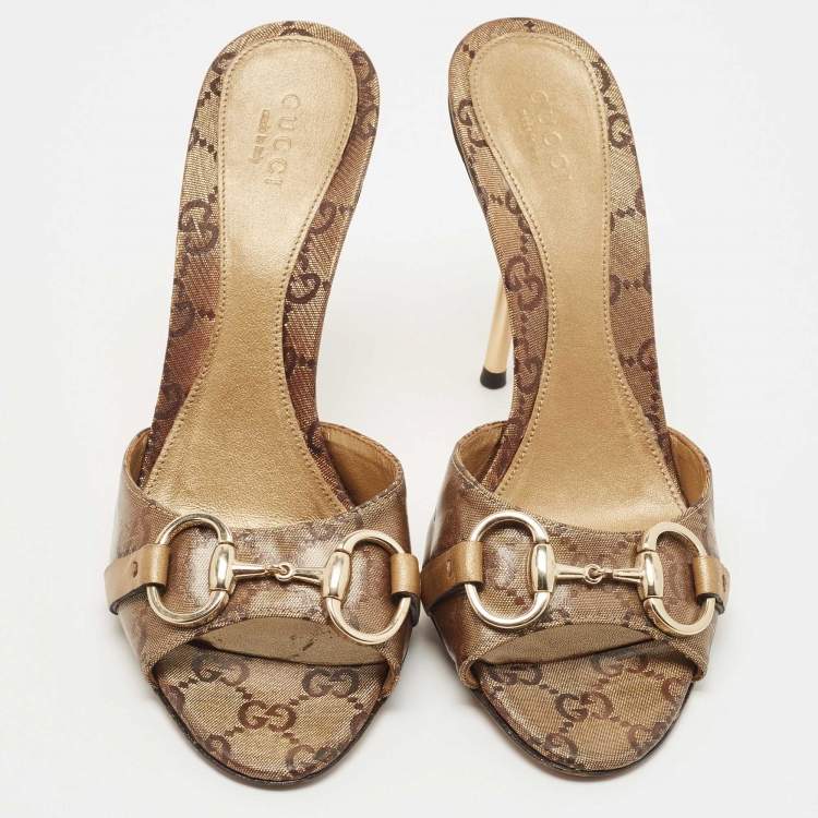 Pre Owned Gucci Metallic Bronze GG Canvas Horsebit Slides Size 37