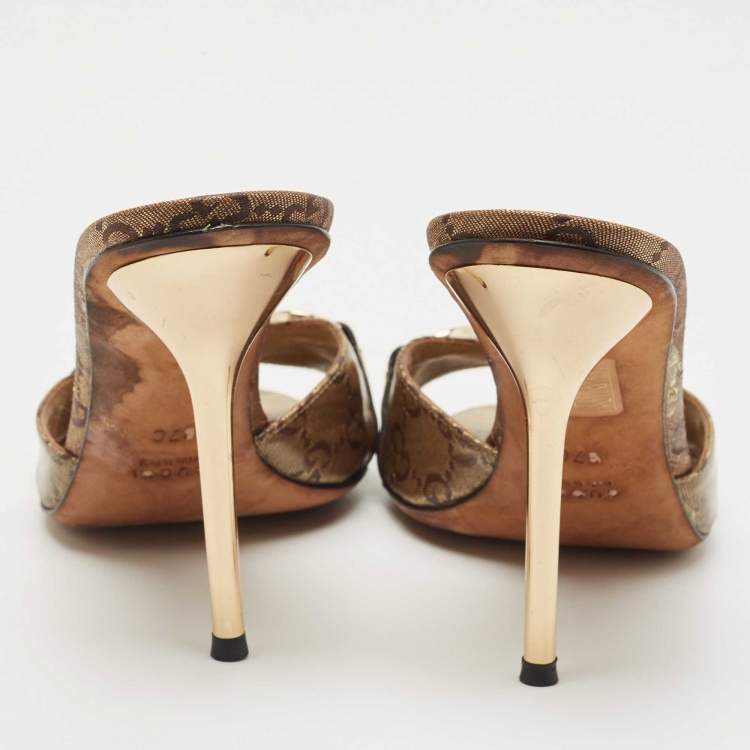 Pre Owned Gucci Metallic Bronze GG Canvas Horsebit Slides Size 37
