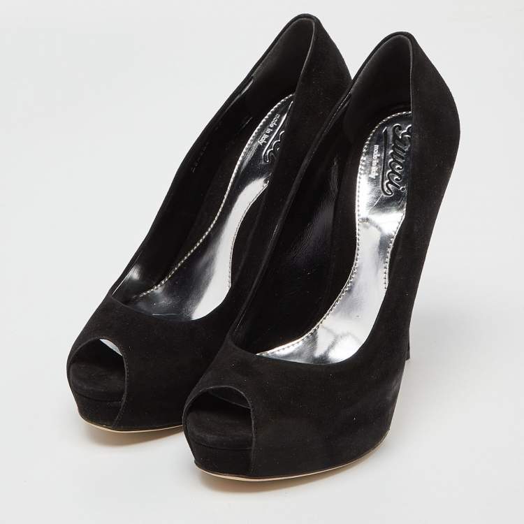 Pre Owned Gucci Black Suede Peep-Toe Platform Pumps Size 40
