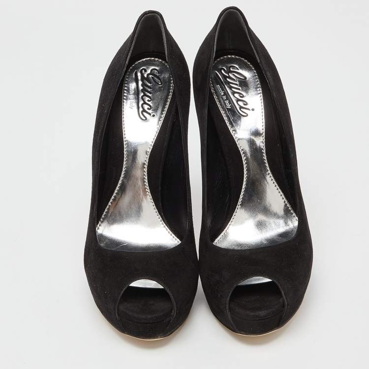 Pre Owned Gucci Black Suede Peep-Toe Platform Pumps Size 40