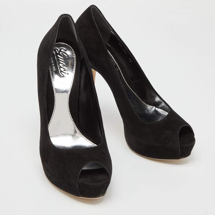 Pre Owned Gucci Black Suede Peep-Toe Platform Pumps Size 40