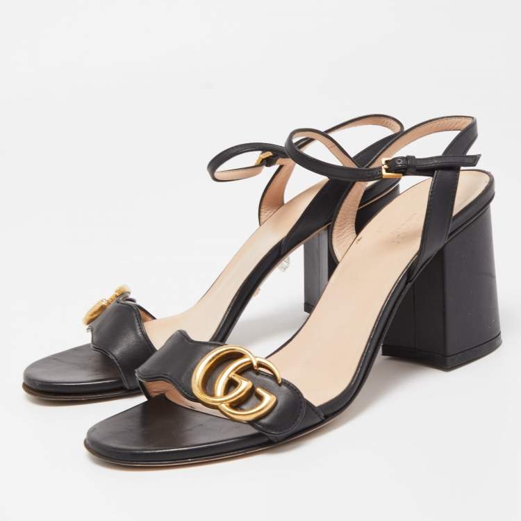 Pre Owned Gucci Black Leather GG Marmont Ankle Strap Sandals Size 37.5