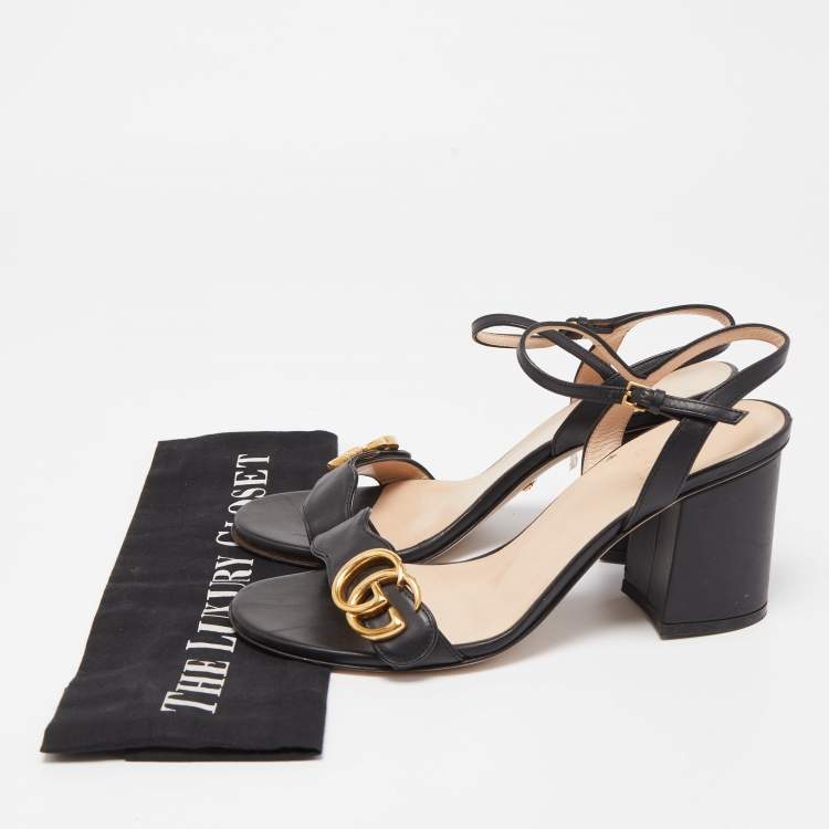 Pre Owned Gucci Black Leather GG Marmont Ankle Strap Sandals Size 37.5