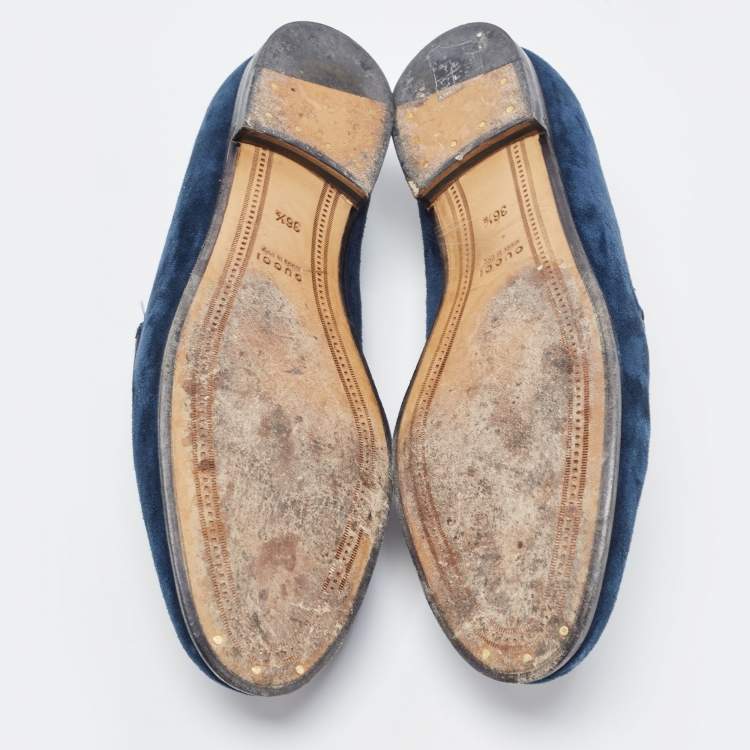 Pre Owned Gucci Blue Suede Jordaan Horsbit Loafers Size 36.5