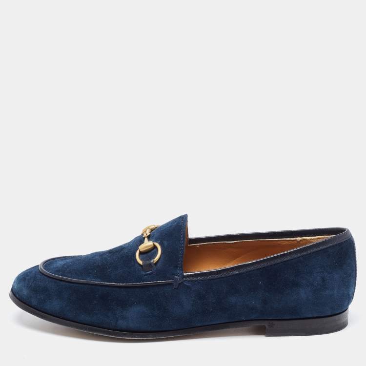 Pre Owned Gucci Blue Suede Jordaan Horsbit Loafers Size 36.5