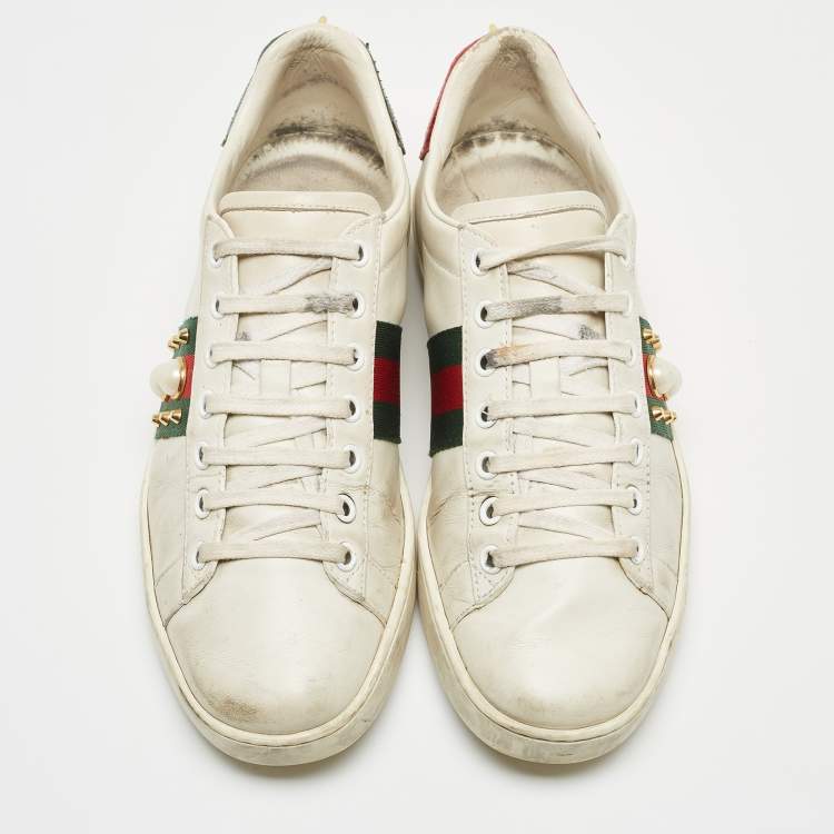 Pre Owned Gucci White Leather Pearl Embellished and Spiked Ace Sneakers Size 38