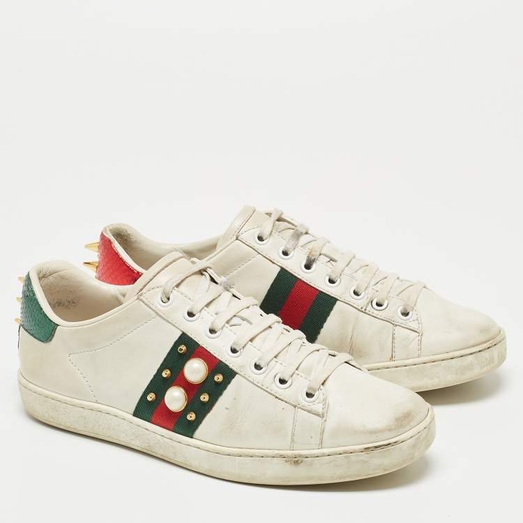 Pre Owned Gucci White Leather Pearl Embellished and Spiked Ace Sneakers Size 38