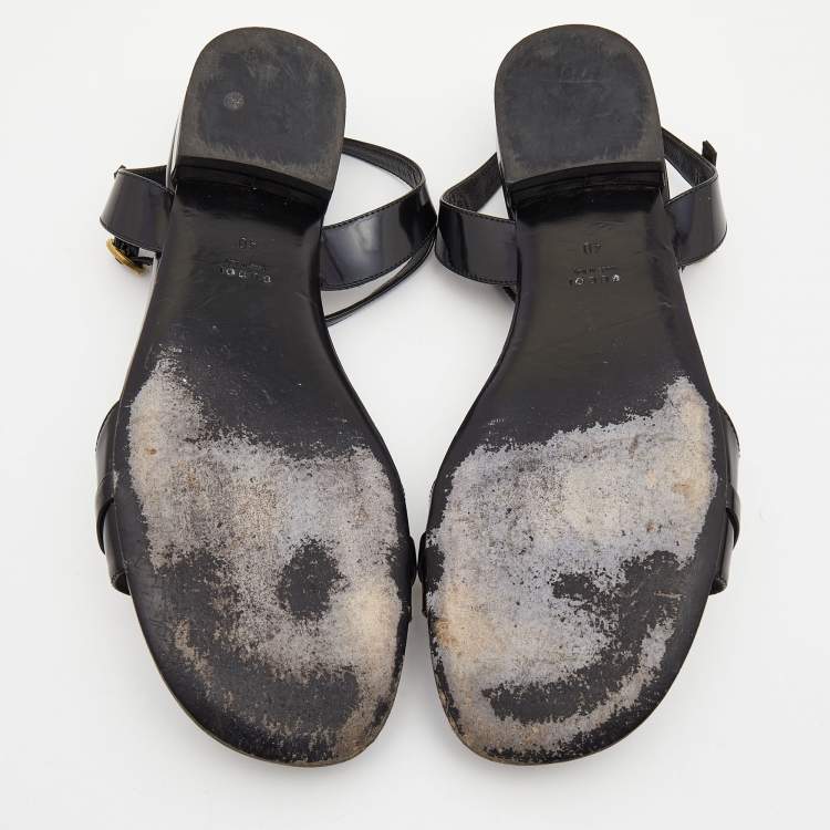 Pre Owned Gucci Black Patent Leather Ankle Strap Flat Sandals Size 40