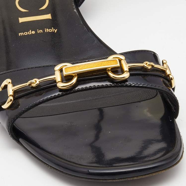 Pre Owned Gucci Black Patent Leather Ankle Strap Flat Sandals Size 40