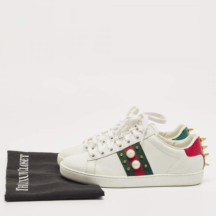 Pre Owned Gucci White Leather Web Ace Low Top Sneakers Size 34
