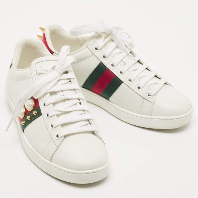 Pre Owned Gucci White Leather Web Ace Low Top Sneakers Size 34