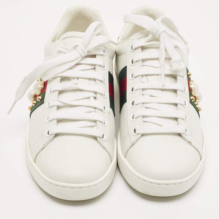 Pre Owned Gucci White Leather Web Ace Low Top Sneakers Size 34
