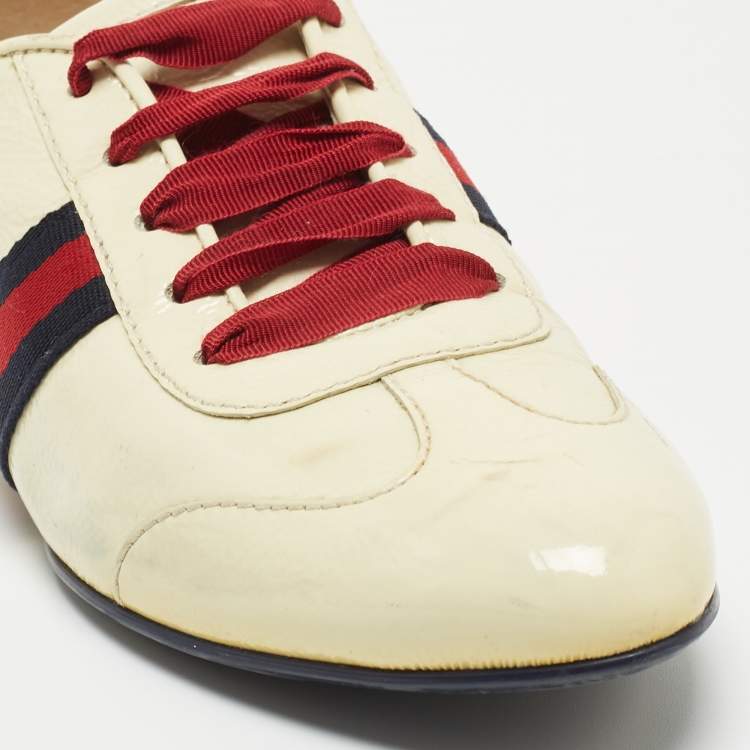 Pre Owned Gucci Cream Patent Leather Web Lace Up Sneakers Size 35