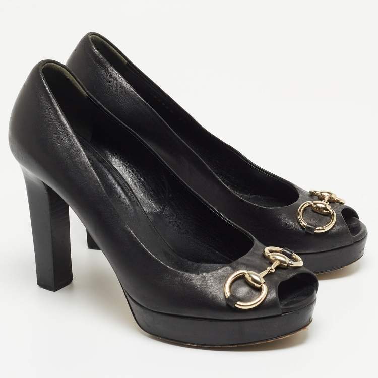 Pre Owned Gucci Black Leather Horsebit Peep Toe Pumps Size 39  