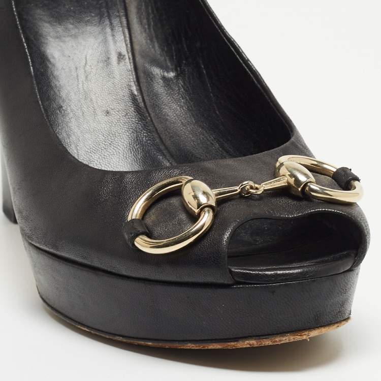 Pre Owned Gucci Black Leather Horsebit Peep Toe Pumps Size 39  