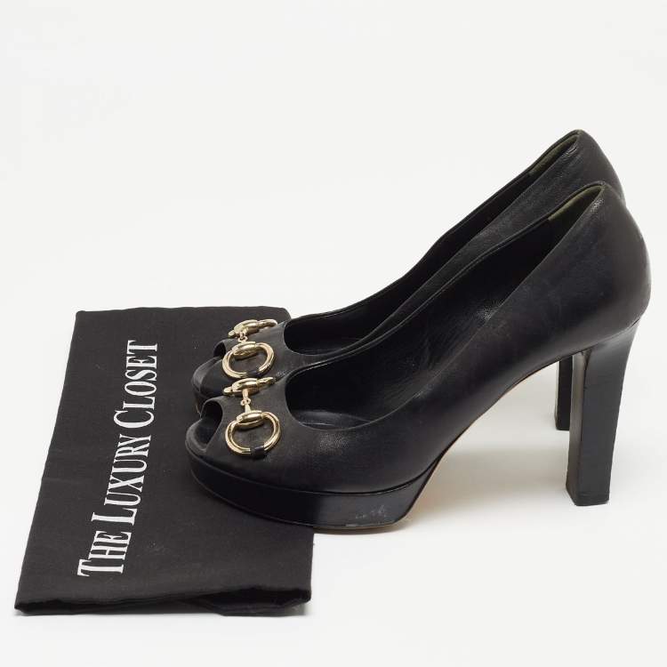 Pre Owned Gucci Black Leather Horsebit Peep Toe Pumps Size 39  