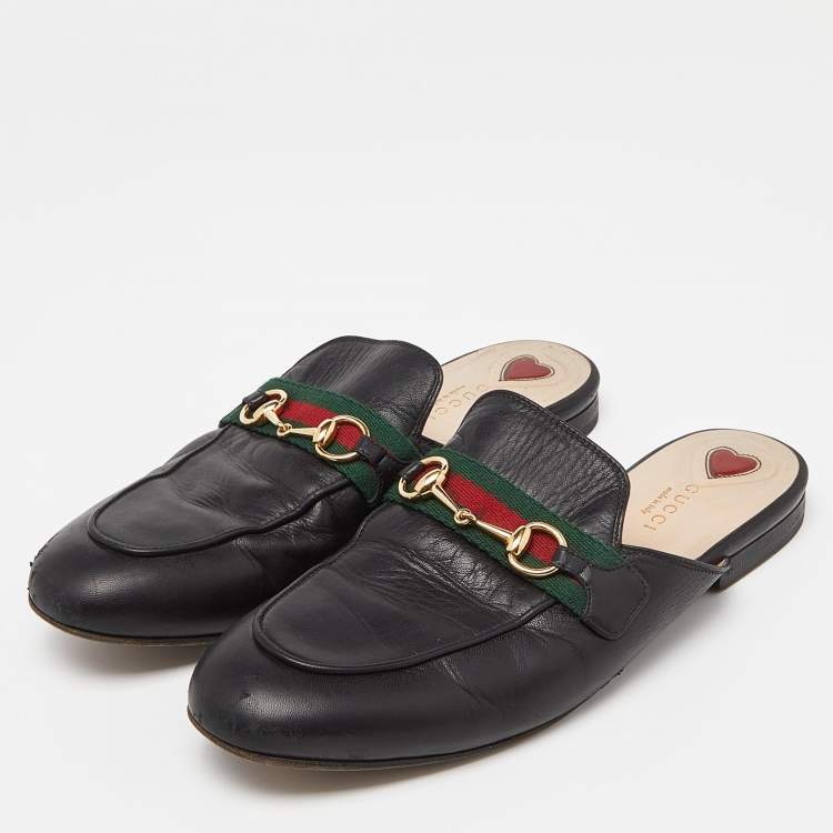 Pre Owned Gucci Black Leather GG Web Princetown Slide Mules Size 39