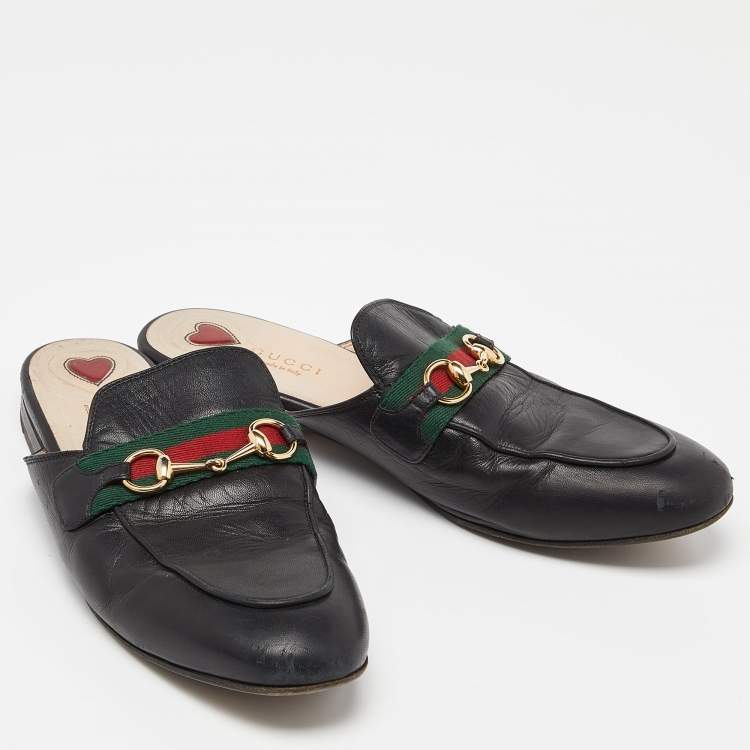 Pre Owned Gucci Black Leather GG Web Princetown Slide Mules Size 39