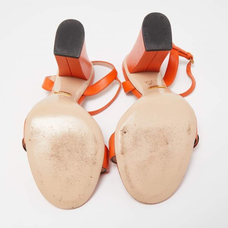 Pre Owned Gucci Orange Leather GG Marmont Ankle Strap Sandals Size 38