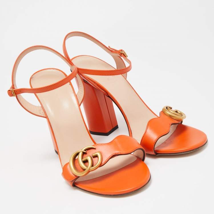 Pre Owned Gucci Orange Leather GG Marmont Ankle Strap Sandals Size 38