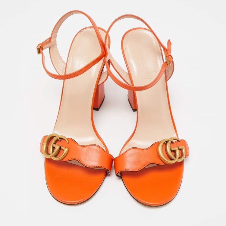 Pre Owned Gucci Orange Leather GG Marmont Ankle Strap Sandals Size 38