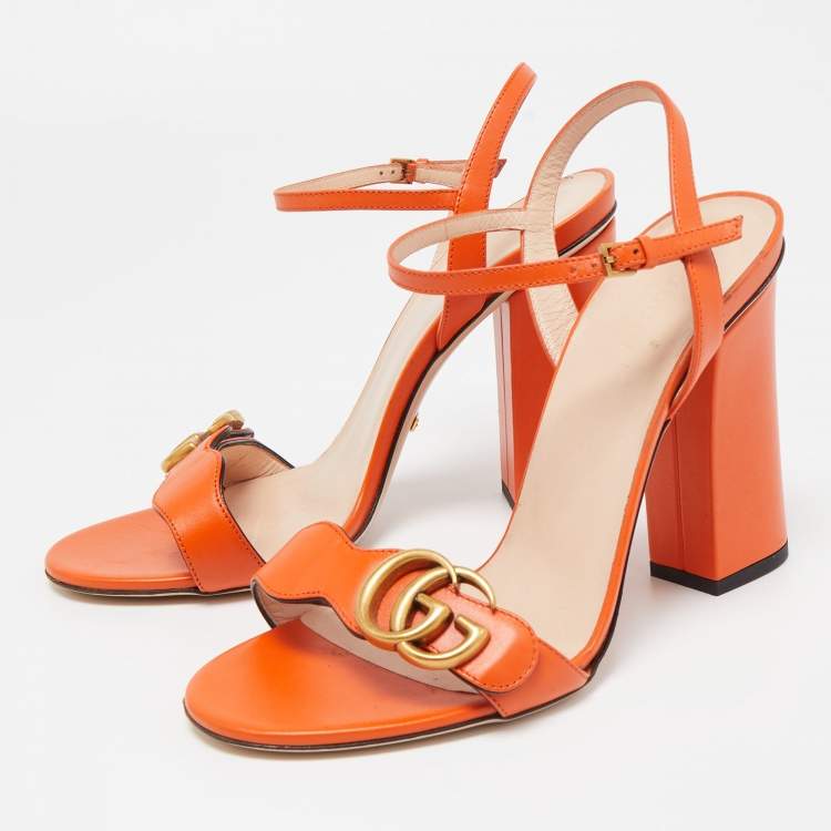 Pre Owned Gucci Orange Leather GG Marmont Ankle Strap Sandals Size 38