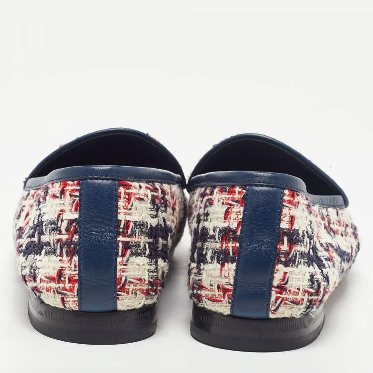 Pre Owned Gucci Tri Color Tweed and Leather Horsebit Jordaan Loafers Size 40