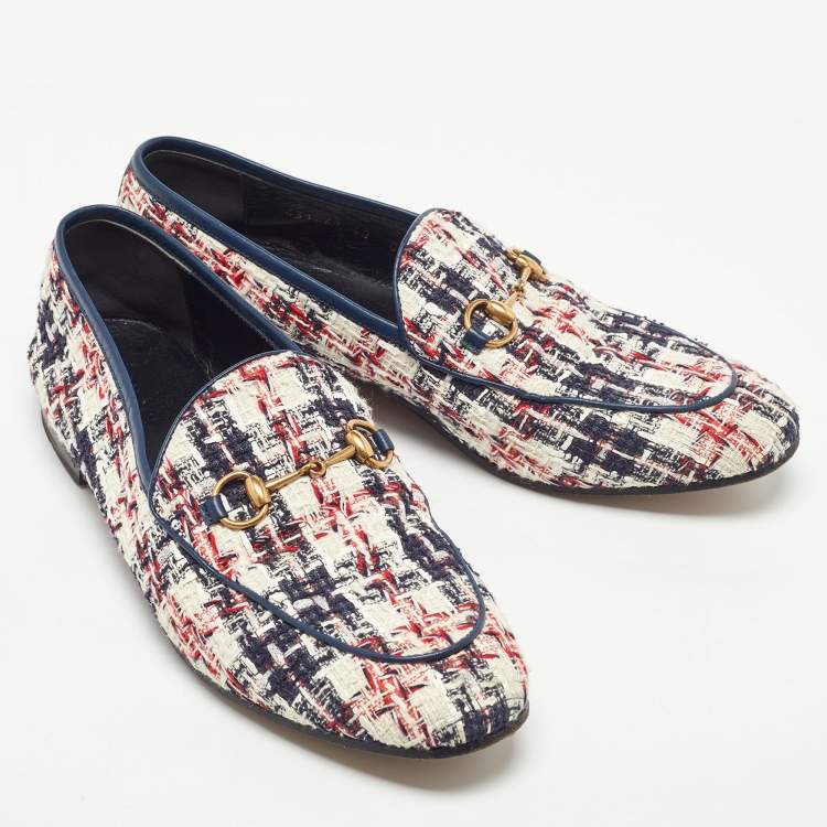 Pre Owned Gucci Tri Color Tweed and Leather Horsebit Jordaan Loafers Size 40