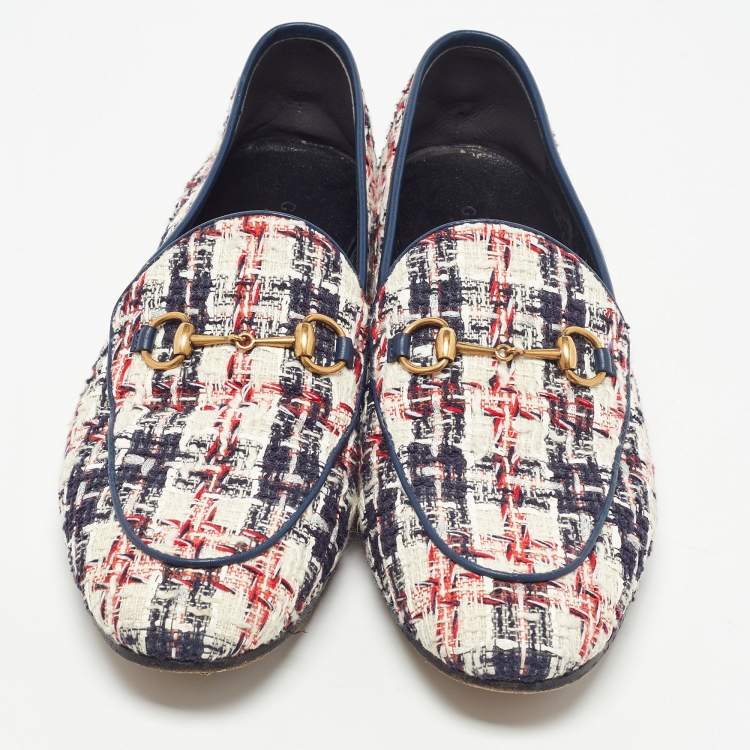 Pre Owned Gucci Tri Color Tweed and Leather Horsebit Jordaan Loafers Size 40