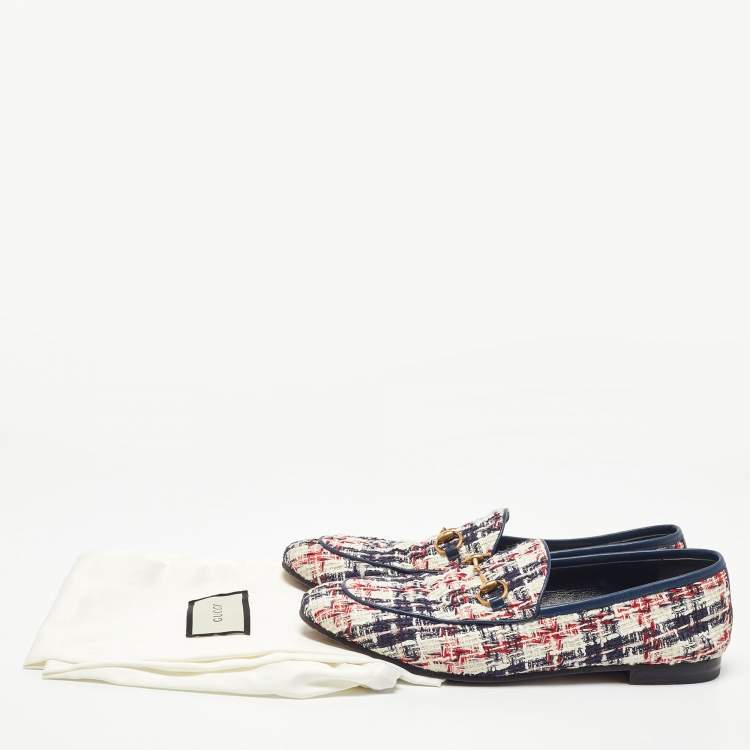 Pre Owned Gucci Tri Color Tweed and Leather Horsebit Jordaan Loafers Size 40