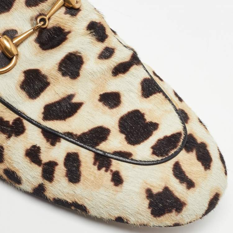 Pre Owned Gucci Beige Leopard Print Calfhair Princetown Horsebit Flat Mules Size 40