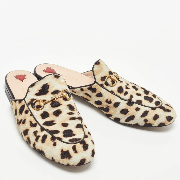Pre Owned Gucci Beige Leopard Print Calfhair Princetown Horsebit Flat Mules Size 40