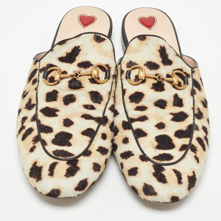 Pre Owned Gucci Beige Leopard Print Calfhair Princetown Horsebit Flat Mules Size 40
