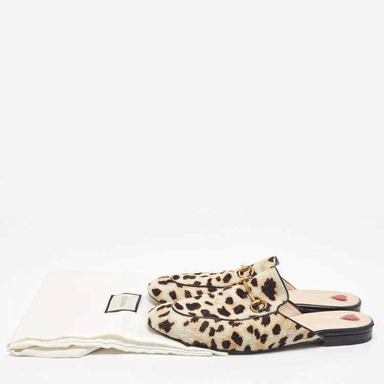 Pre Owned Gucci Beige Leopard Print Calfhair Princetown Horsebit Flat Mules Size 40