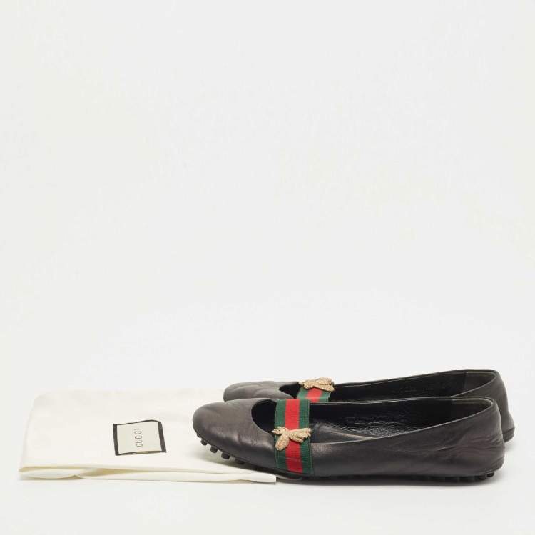 Pre Owned Gucci Black Leather Bayadere Bee Flats Size 35