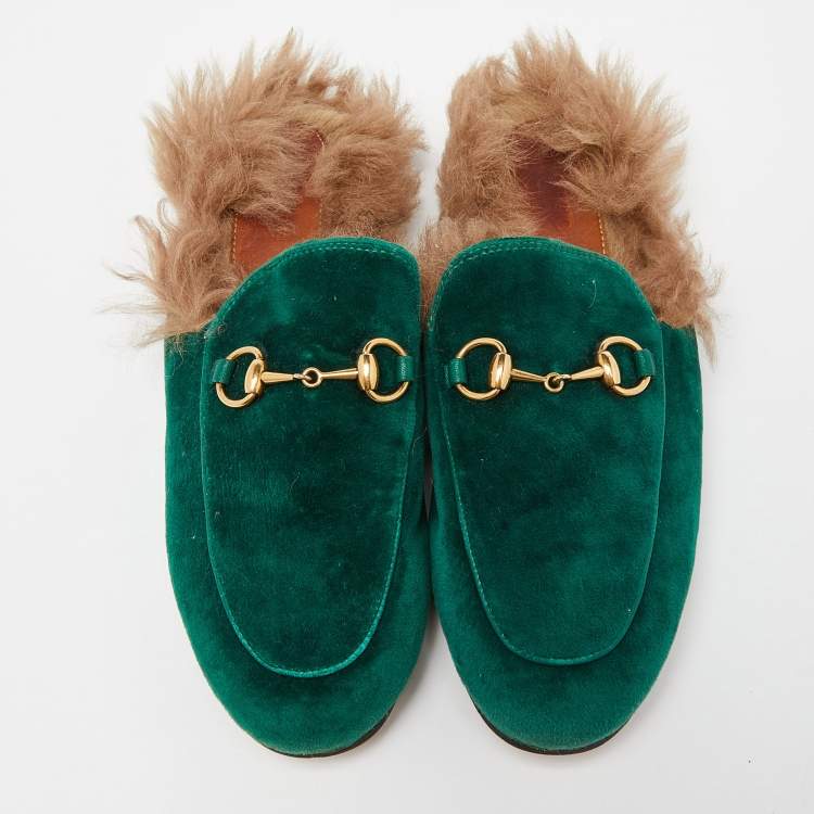 Pre Owned Gucci Green Velvet Horsebit Princetown Flat Mules Size 35